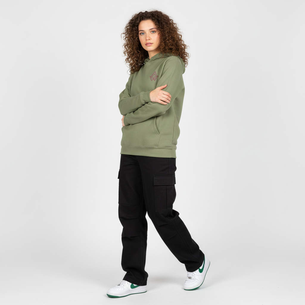 Modelo castaña con sudadera verde militar