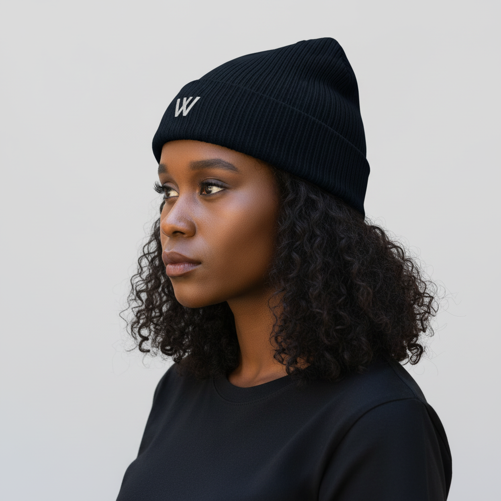 Modelo con gorro W Wolfran azul marino vista de perfil