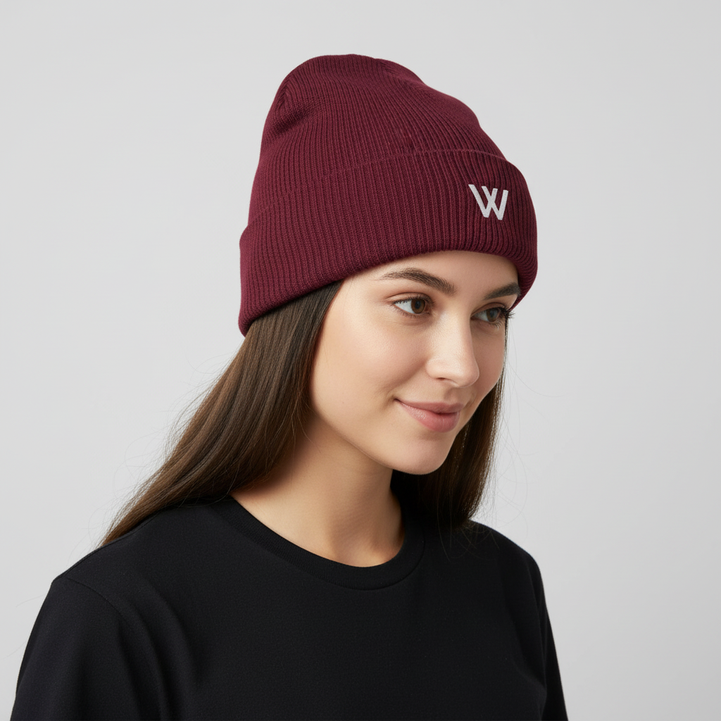 Modelo con gorro W Wolfran burgundy ángulo tres cuartos