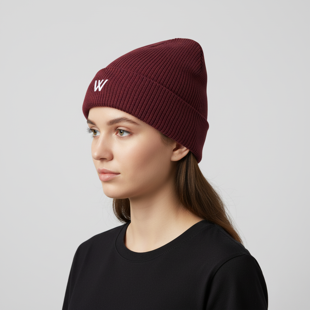Modelo con gorro W Wolfran burgundy vista de perfil