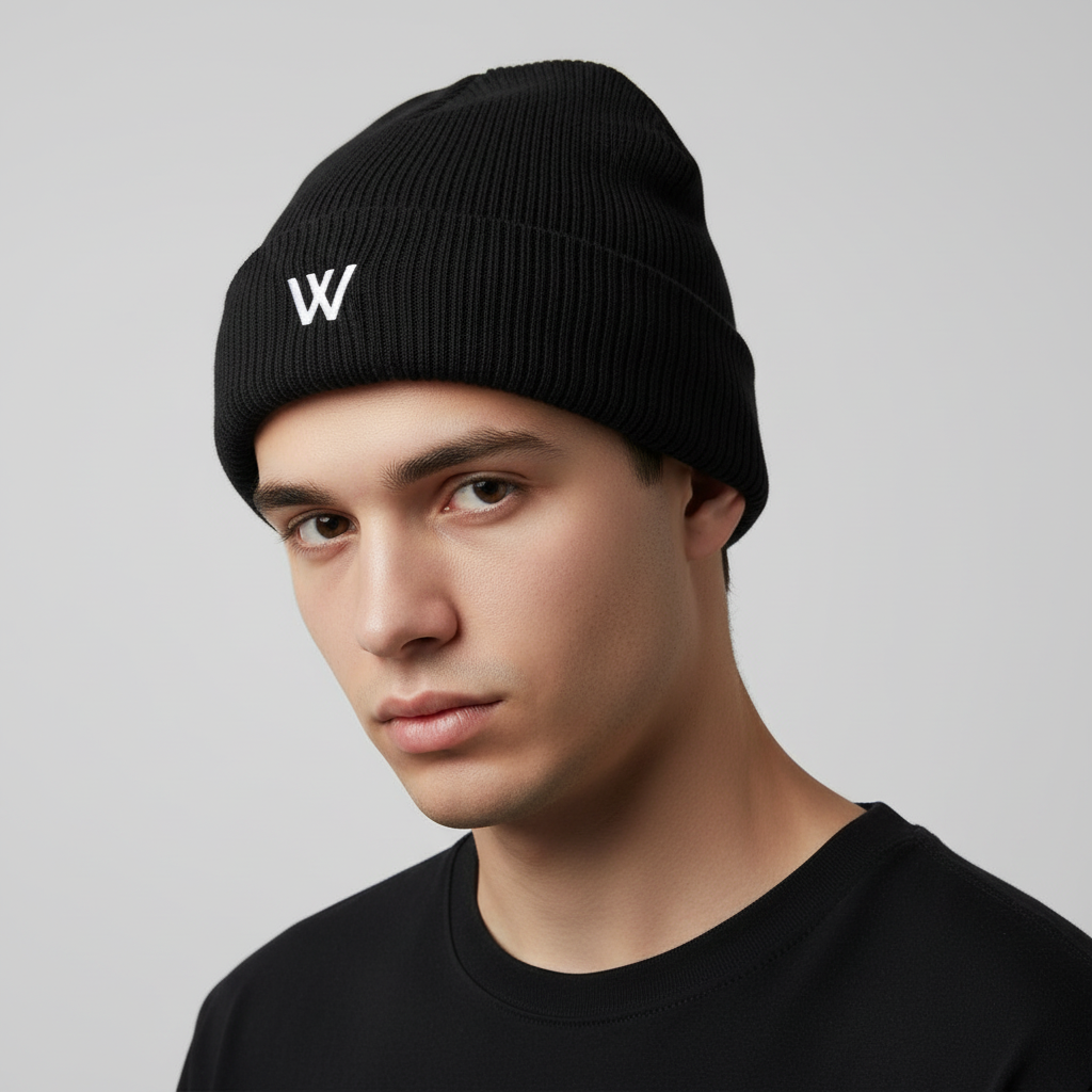 Modelo con gorro W Wolfran ángulo tres cuartos