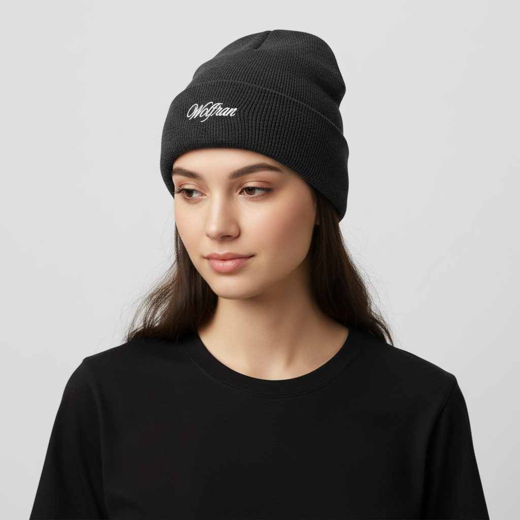 Modelo con gorro Wolfran vista inclinada