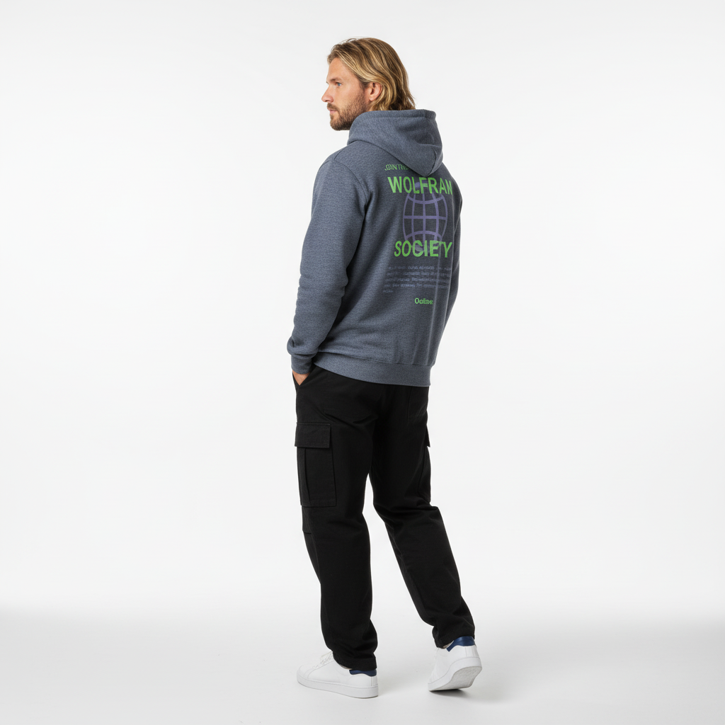 Modelo con sudadera azul marino de espaldas