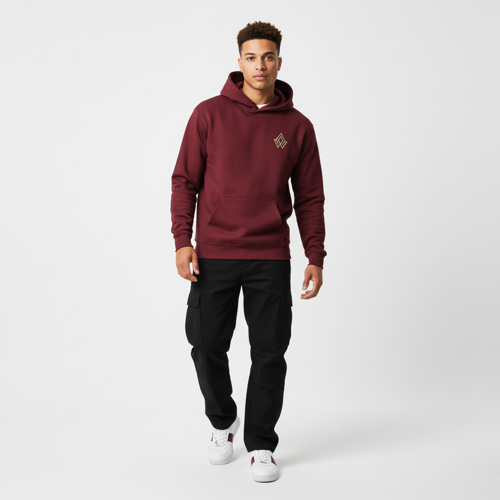 Modelo con sudadera granate