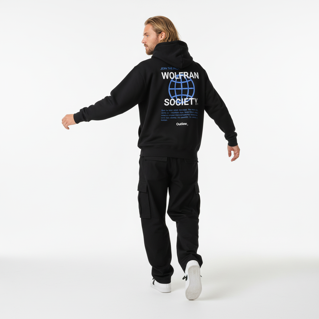 Modelo con sudadera negra de espaldas