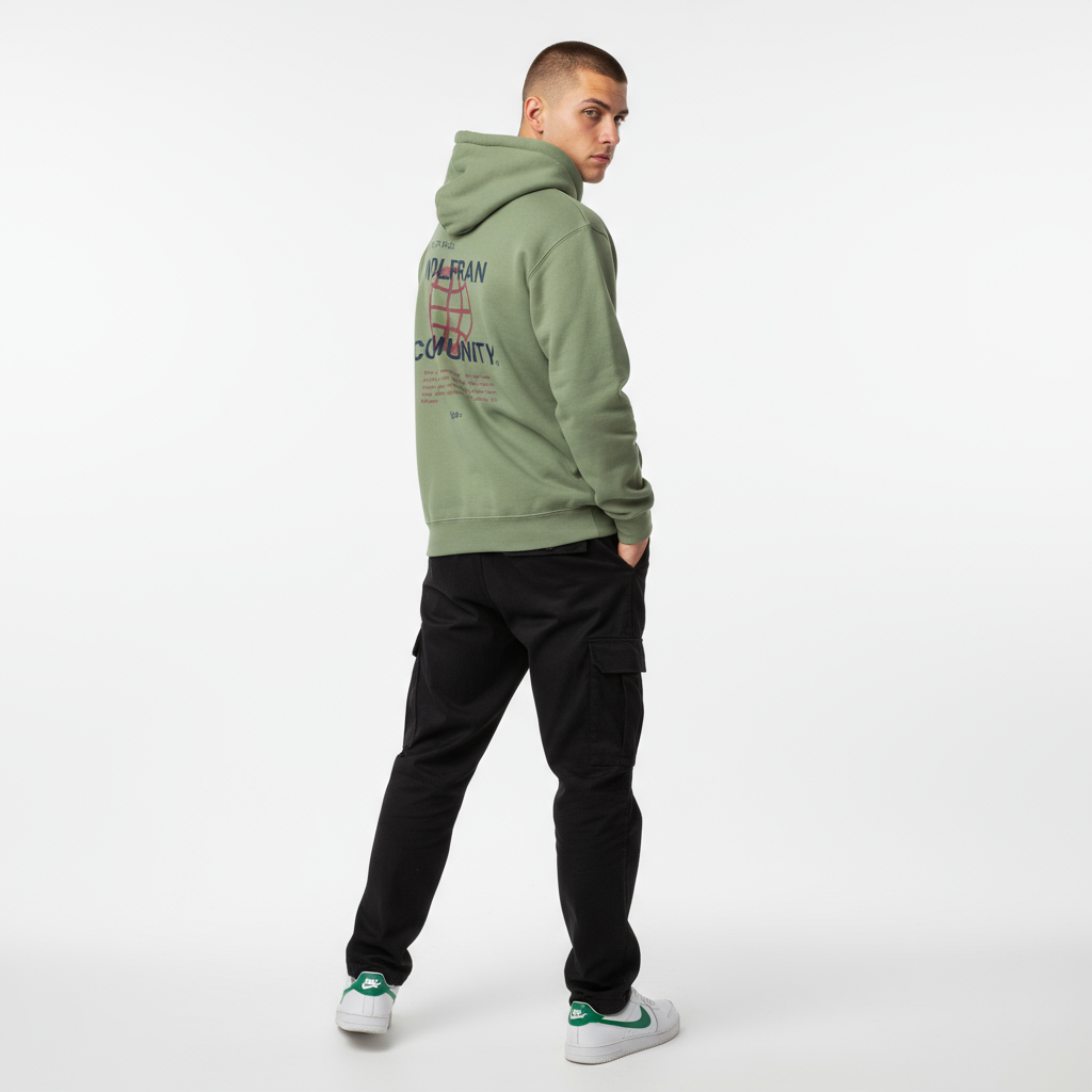 Modelo con sudadera verde militar de espaldas