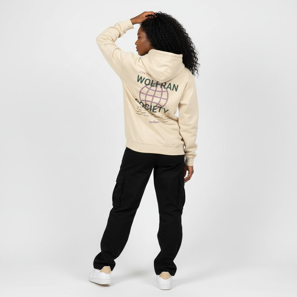 Modelo de piel oscura de espaldas con sudadera beige