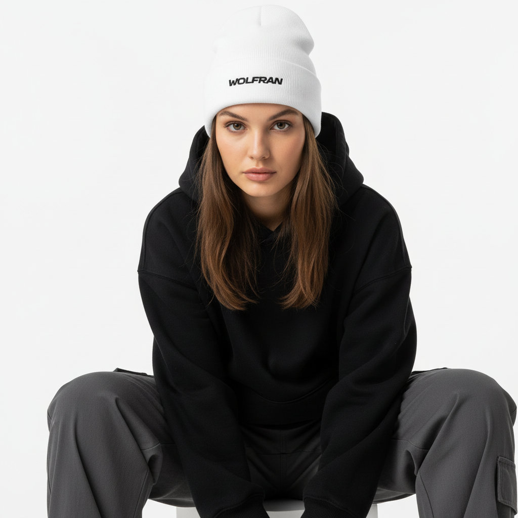Modelo femenino con gorro bordado blanco