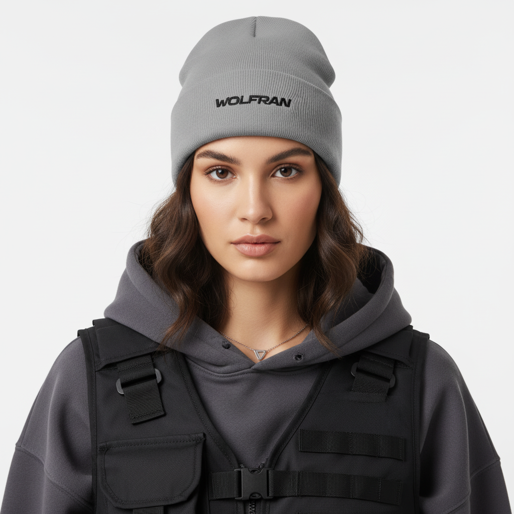 Modelo femenino con gorro bordado gris