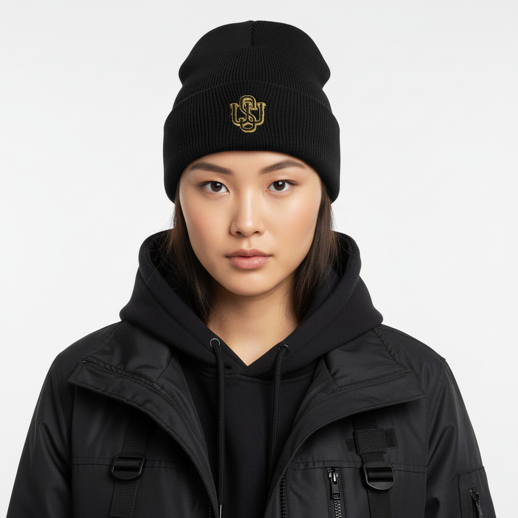 Modelo femenino con gorro con borde vuelto negro