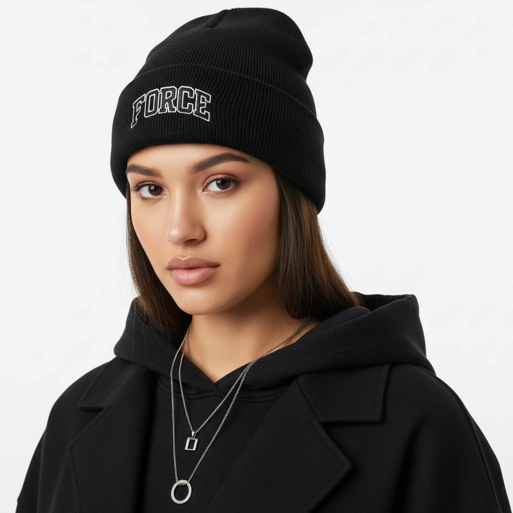 Modelo femenino con gorro con borde vuelto