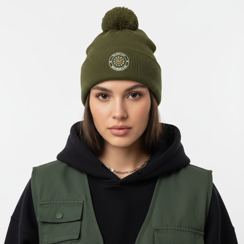 Modelo femenino con gorro pompón moss green