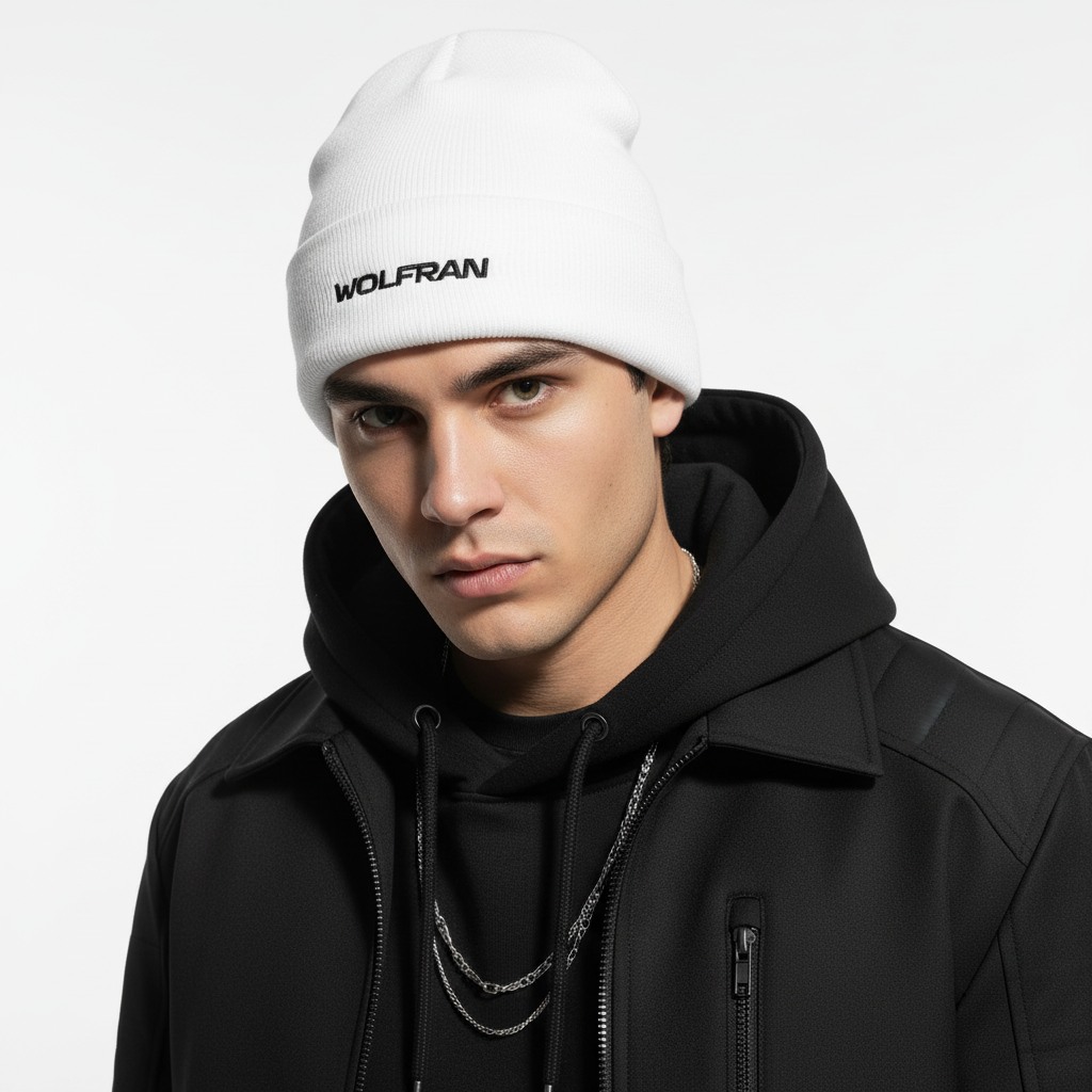 Modelo masculino con gorro bordado blanco