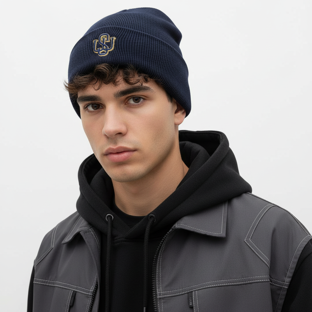 Modelo masculino con gorro con borde vuelto navy
