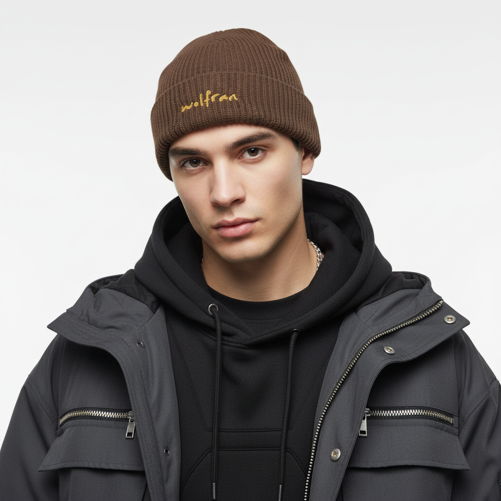 Modelo masculino con gorro de punto walnut