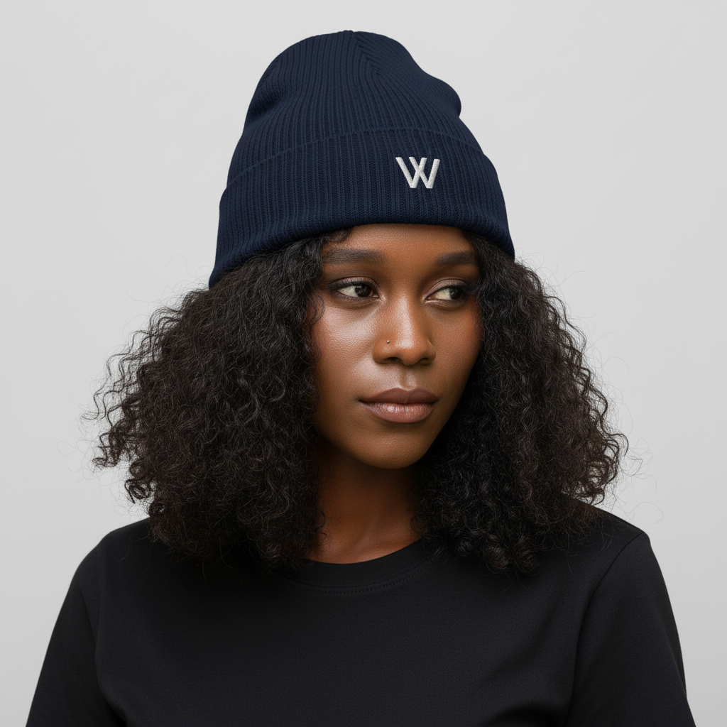 Modelo  con gorro W Wolfran azul marino vista inclinada