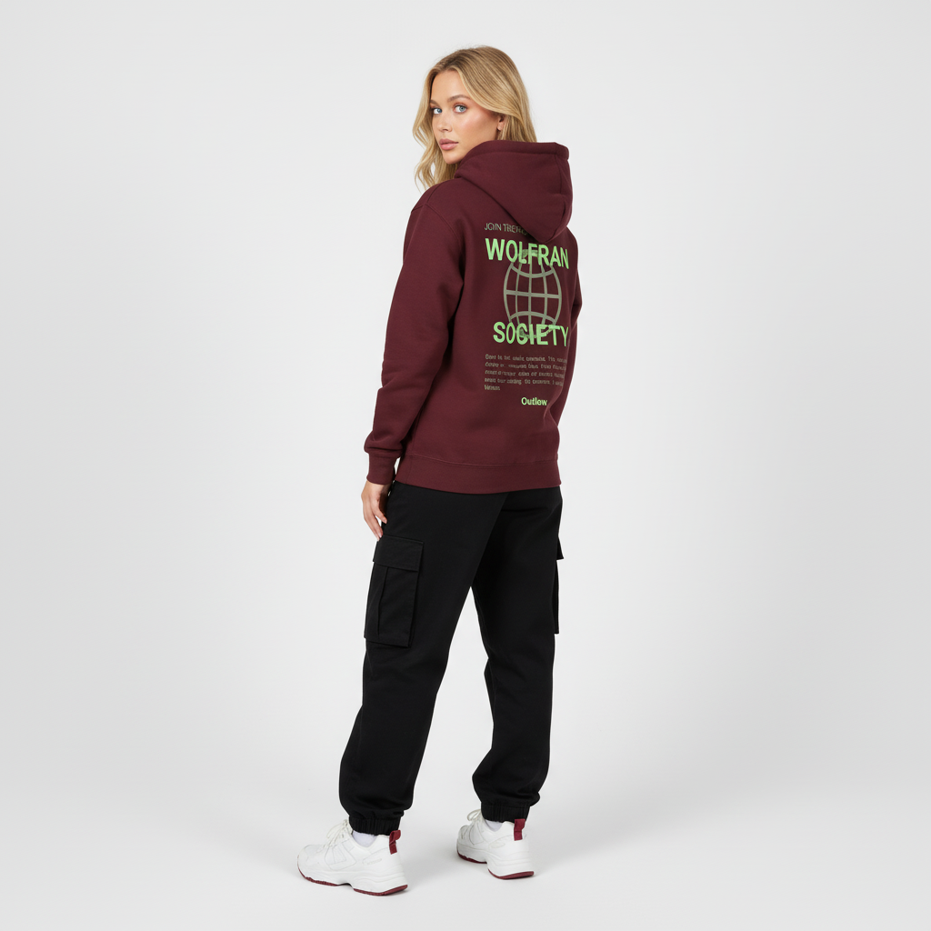 Modelo rubia de espaldas con sudadera maroon