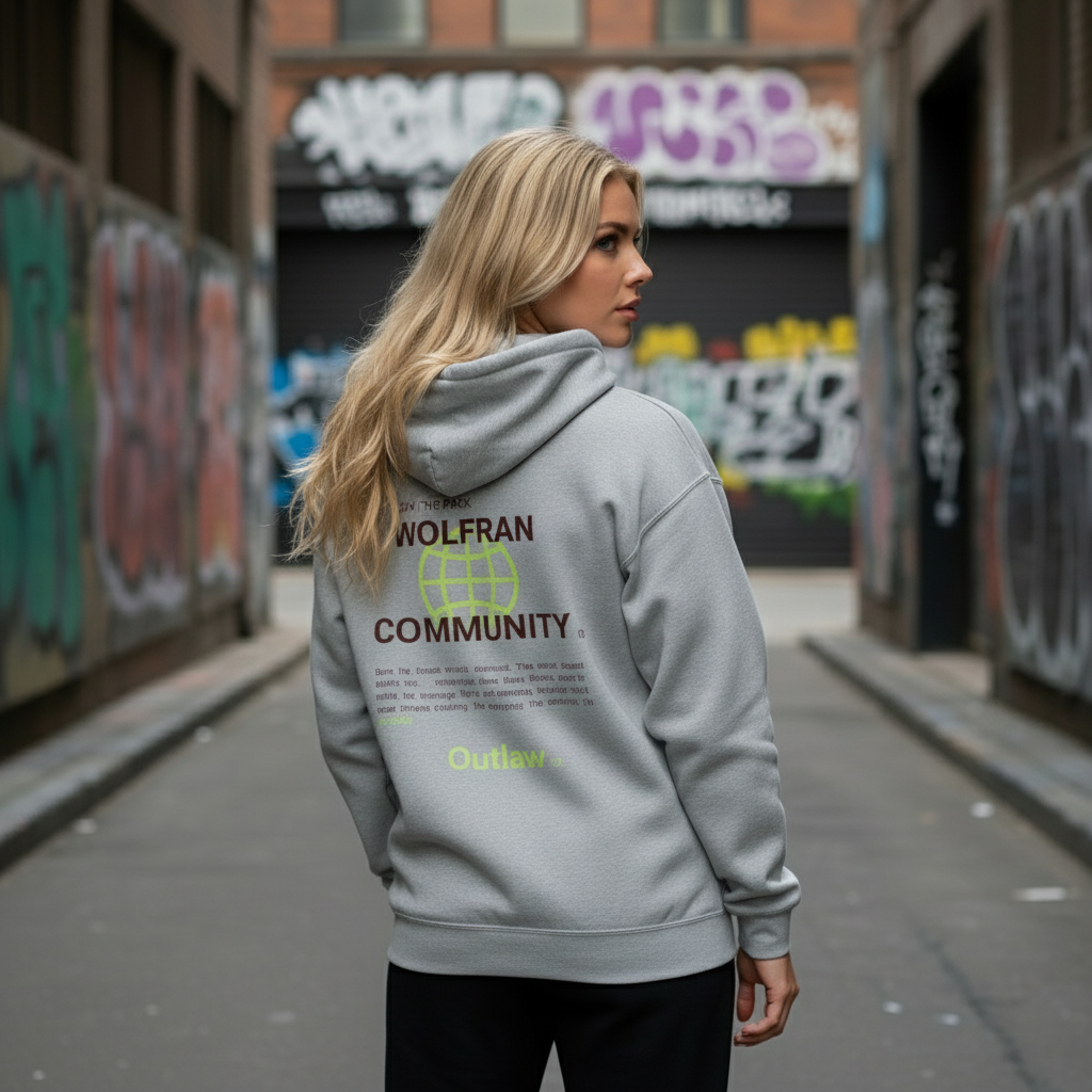 Modelo rubia de espaldas con sudadera Wolfran Community