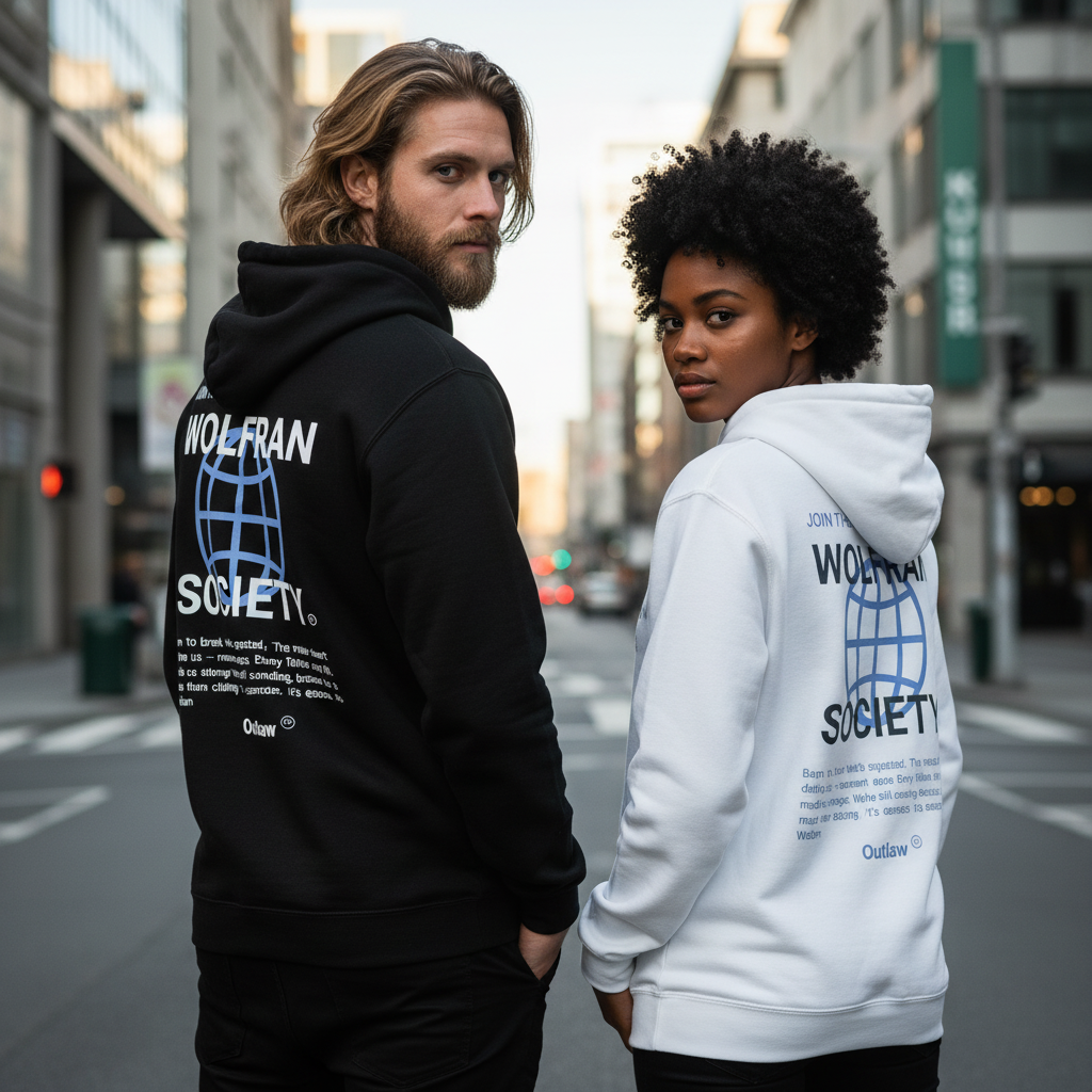 Pareja de modelos con sudaderas Wolfran Society
